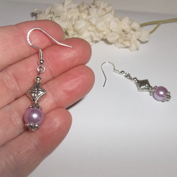Silver and Purple Pearl Earrings Set Jewelry 6522 - Picture 6 of 9